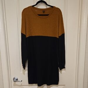 SHEIN Mustard and Black Color Block Crew Neck Sweater Dress